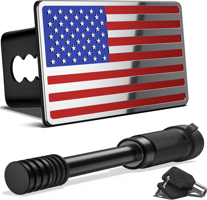OGYE 2.5 Inch American Flag Trailer Hitch Cover, Fit for 2.5 Inch Hitch Receivers (with 5/8" Pin Dia Anti-Theft Trailer Hitch Lock)，Chrome&Blue&Red - Image 1